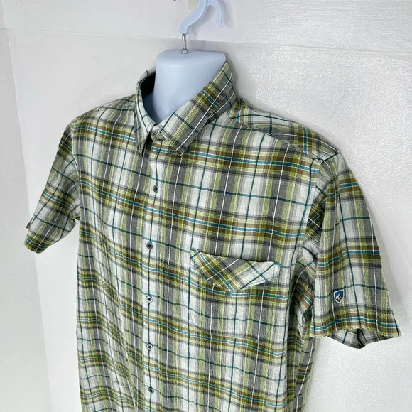 Kuhl Green Plaid Seersucker Button Down Shirt Large Hiking Fishing Outdoors Gorp - Picture 4 of 13